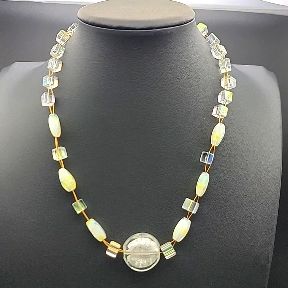 AB Cube & Givre Art Glass Necklace Bracelet and Earring Set Gold Tone Wire